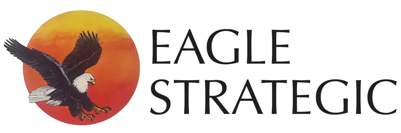 Illustration of a bald eagle flying in front of an orange and yellow sun, with the words EAGLE STRATEGIC in large, bold, black letters to the right.
