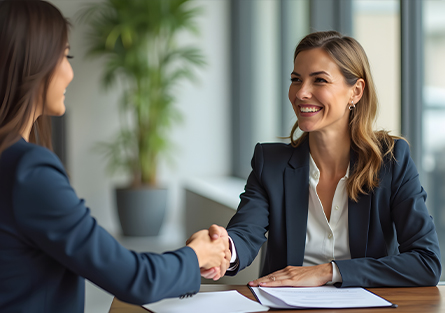 Two women in business attire smile and shake hands across a desk in a modern office, with paperwork in front of them and a potted plant in the background.