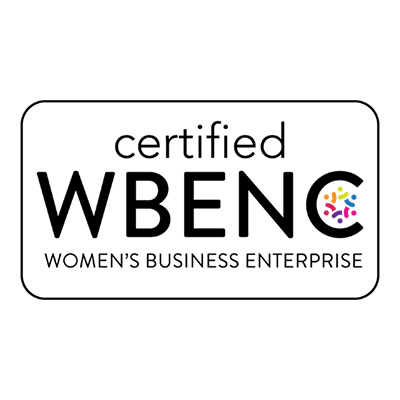 A rectangular logo with the text “certified WBENC Women’s Business Enterprise.” The letter “C” in WBENC contains colorful dots in blue, pink, and yellow. The logo has a simple black border.