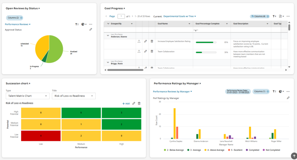 A dashboard displays pie, bar, and matrix charts showing performance review statuses, goal progress, succession risk, and performance ratings by manager with various color-coded data visualizations.